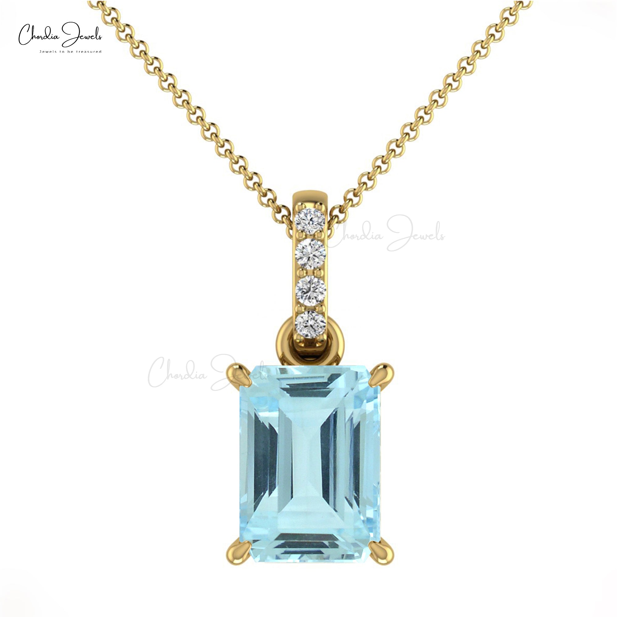 Diamond Dangle Pendant With 7x5mm Aquamarine Prong Set in 14k Solid Gold  Necklaces