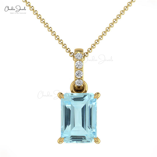 Natural Aquamarine Emerald Cut Pendant 14k Solid Gold White Diamond Handmade Pendant March Birthstone Pendant For Women