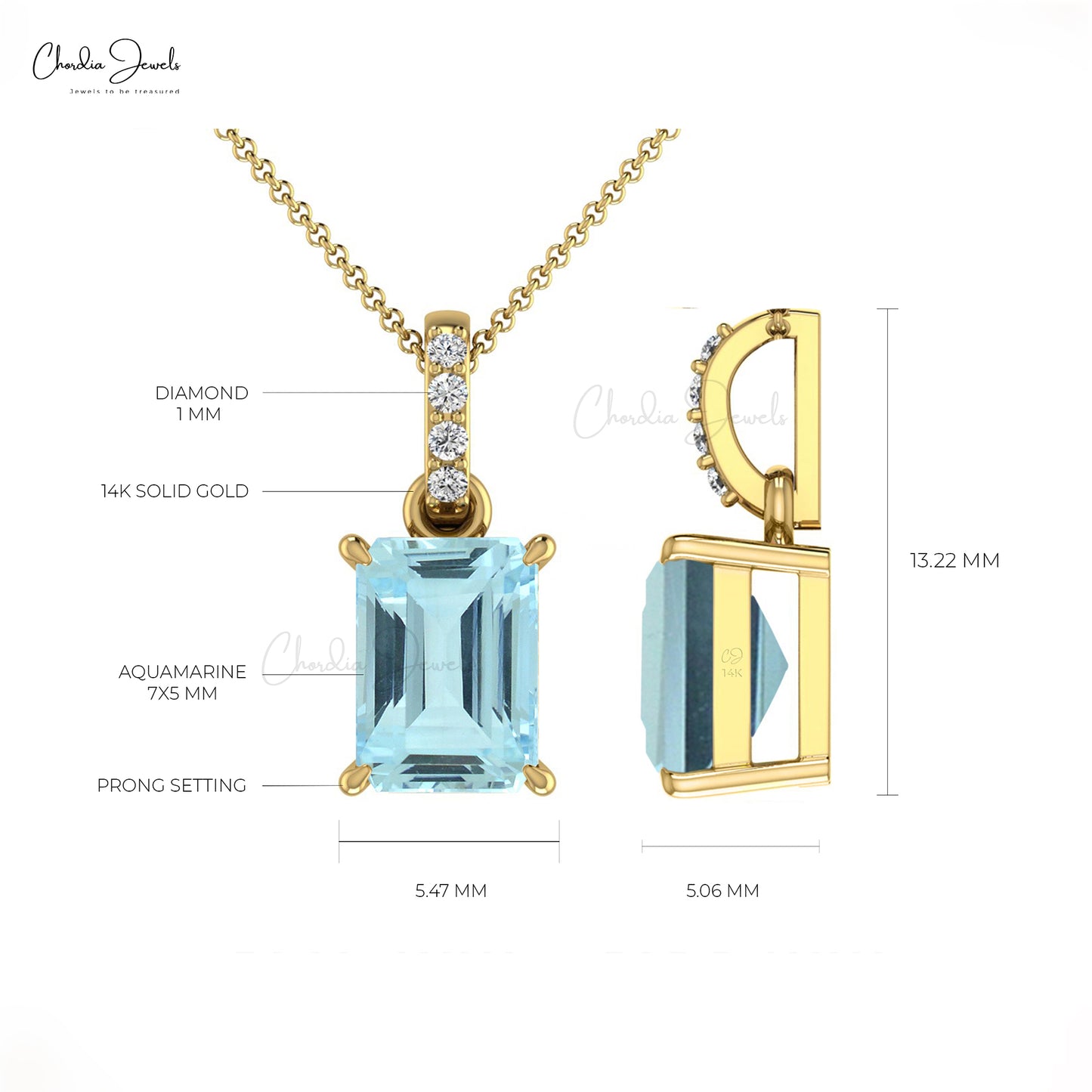 Natural Aquamarine Emerald Cut Pendant 14k Solid Gold White Diamond Handmade Pendant March Birthstone Pendant For Women