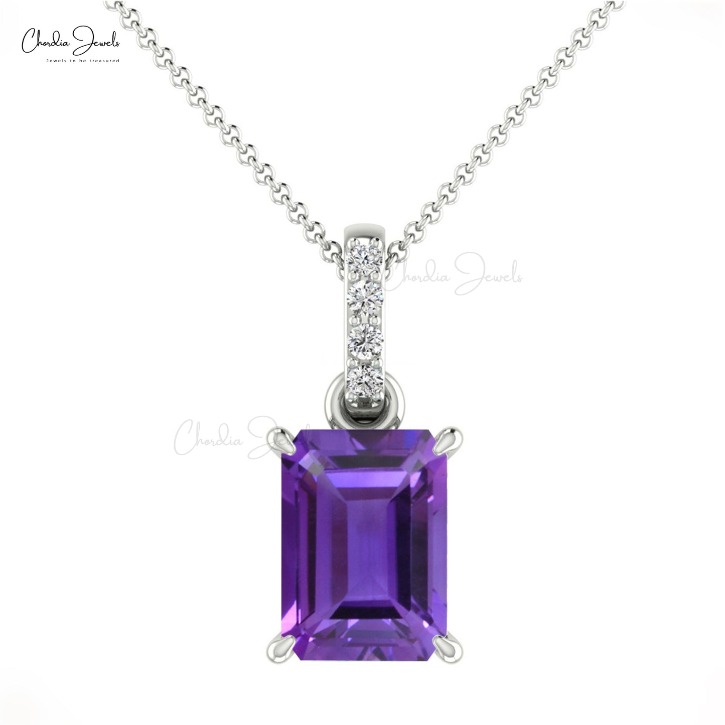 Natural Amethyst Pendant 14k Solid Gold White Diamond Pendant 7X5mm Emerald Cut Gemstone Pendant Dangling Handmade Pendant