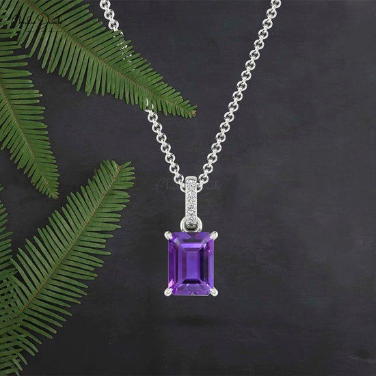 Natural Amethyst Pendant 14k Solid Gold White Diamond Pendant 7X5mm Emerald Cut Gemstone Pendant Dangling Handmade Pendant