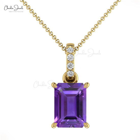 Natural Amethyst Pendant 14k Solid Gold White Diamond Pendant 7X5mm Emerald Cut Gemstone Pendant Dangling Handmade Pendant