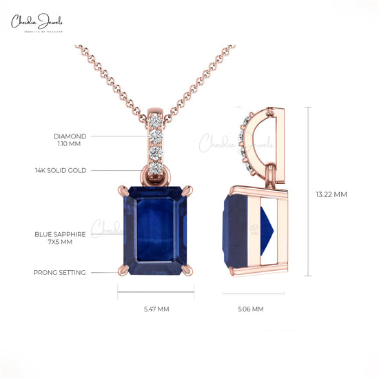 14k Solid Gold White Diamond Natural Blue Sapphire Pendant 0.80 Carat Emerald Cut Octagon Handmade Dangling Pendant