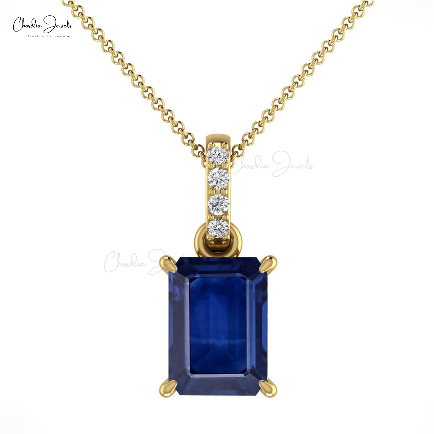 14k Solid Gold White Diamond Natural Blue Sapphire Pendant 0.80 Carat Emerald Cut Octagon Handmade Dangling Pendant