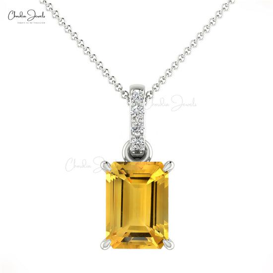 14k Solid Gold Diamond Dangling Pendant Natural Citrine Handmade Pendant 0.80 Cts Emerald Cut Gemstone Pendant For Her