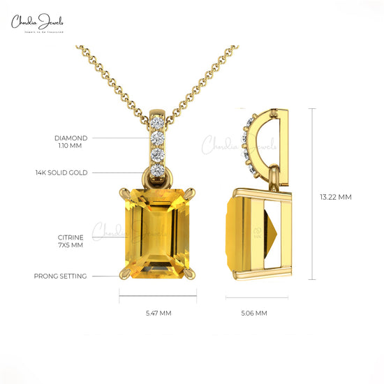 14k Solid Gold Diamond Dangling Pendant Natural Citrine Handmade Pendant 0.80 Cts Emerald Cut Gemstone Pendant For Her