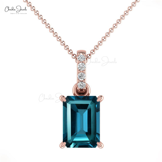 Load image into Gallery viewer, 14k Solid Gold Diamond Natural London Blue Topaz Pendant 7X5mm Emerald Cut Octagon Handmade Dangling Pendant
