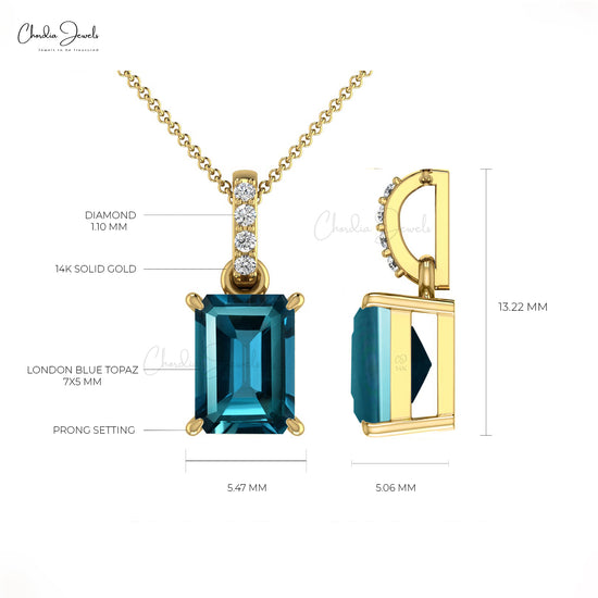 Load image into Gallery viewer, 14k Solid Gold Diamond Natural London Blue Topaz Pendant 7X5mm Emerald Cut Octagon Handmade Dangling Pendant
