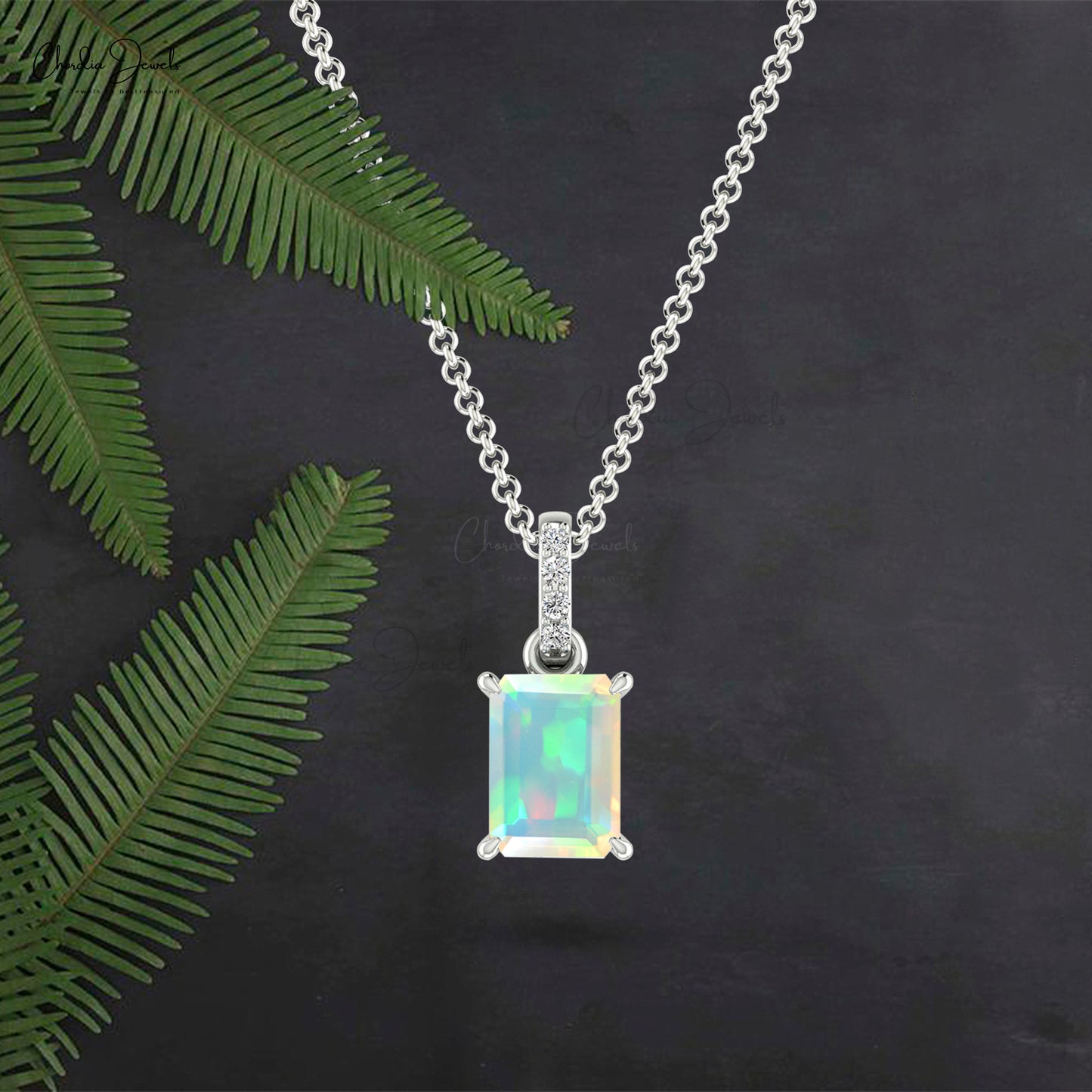 Natural Ethiopian Opal Handmade Pendant 14k Solid Gold Diamond Pendant For Women 7X5mm Emerald Cut Gemstone Dangling Pendant