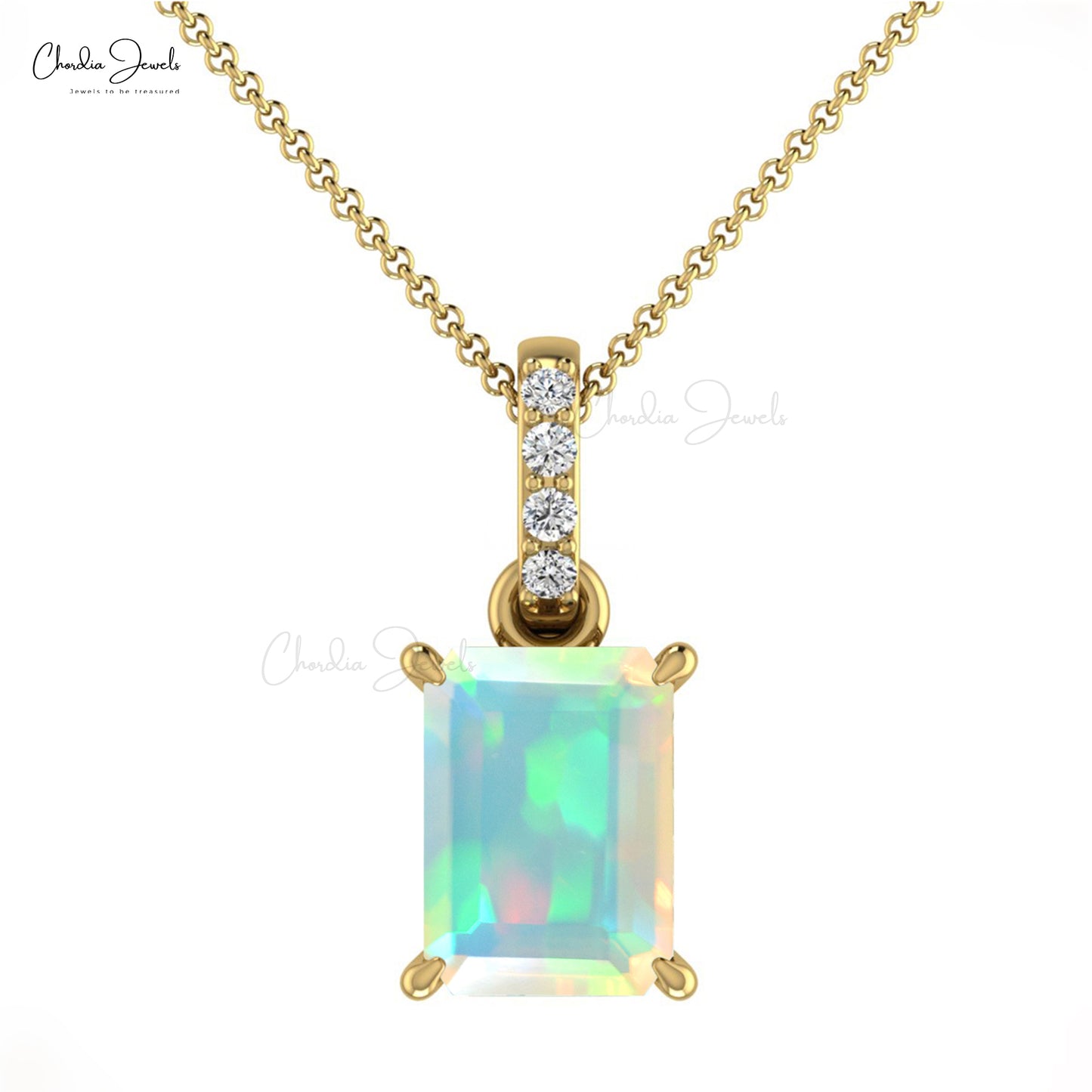 Natural Ethiopian Opal Handmade Pendant 14k Solid Gold Diamond Pendant For Women 7X5mm Emerald Cut Gemstone Dangling Pendant