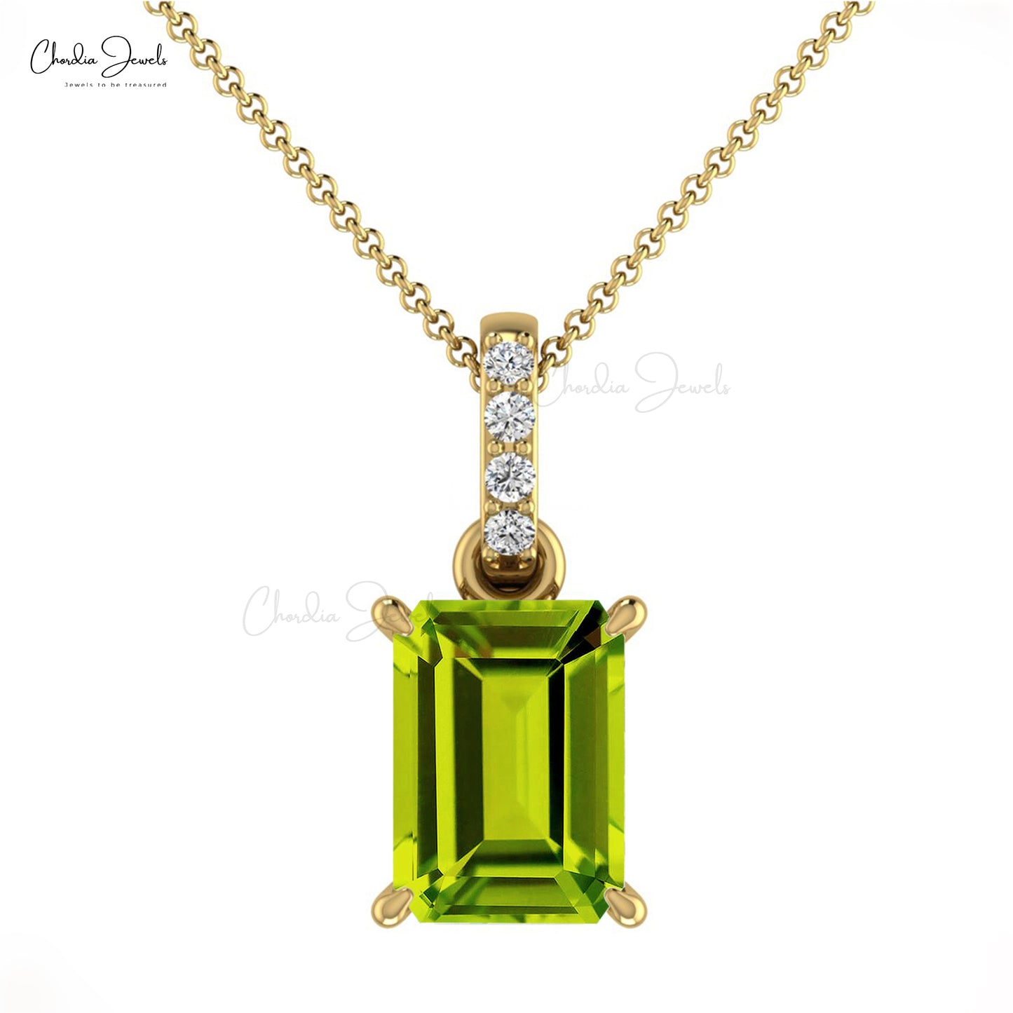 Natural Peridot Pendant 14k Solid Gold Diamond Pendant 7X5mm Emerald Cut Octagon Handmade Dangling Pendant