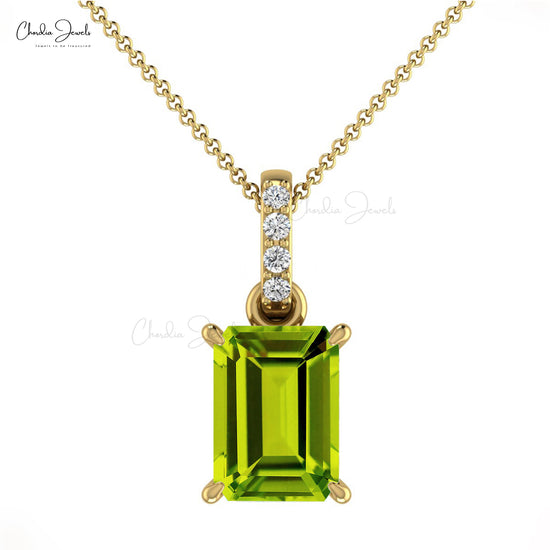 Natural Peridot Pendant 14k Solid Gold Diamond Pendant 7X5mm Emerald Cut Octagon Handmade Dangling Pendant