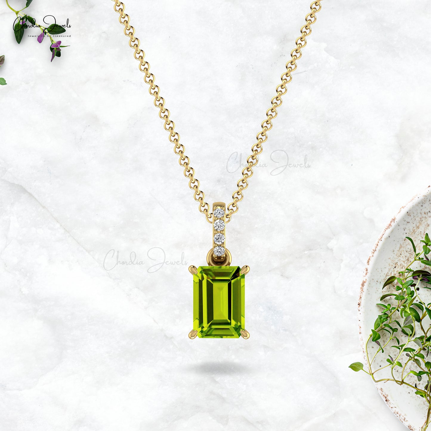 Natural Peridot Pendant 14k Solid Gold Diamond Pendant 7X5mm Emerald Cut Octagon Handmade Dangling Pendant