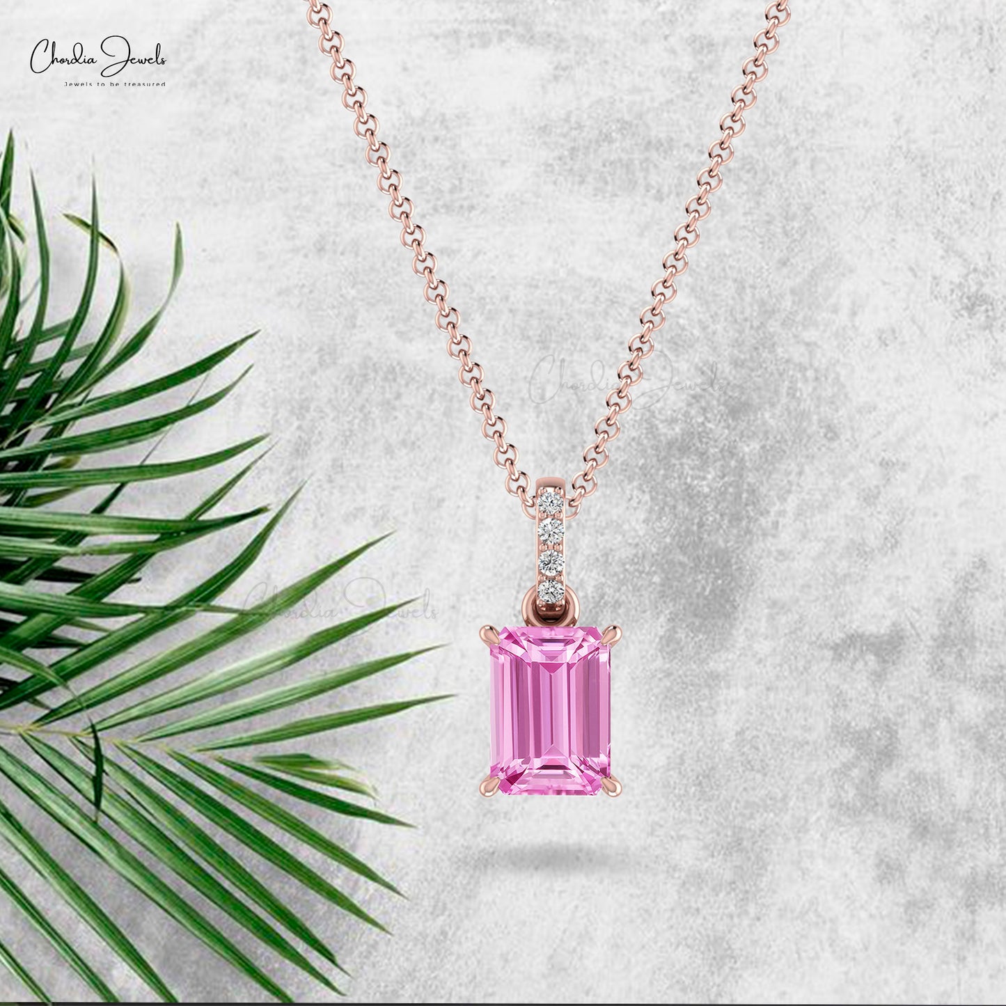Natural Pink Sapphire Emerald Cut Pendant 14k Solid Gold Diamond 7X5mm Gemstone Dangling Handmade Pendant For Women