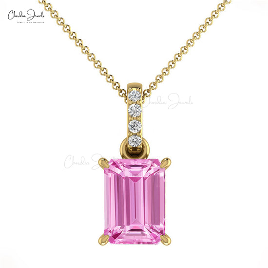Natural Pink Sapphire Emerald Cut Pendant 14k Solid Gold Diamond 7X5mm Gemstone Dangling Handmade Pendant For Women
