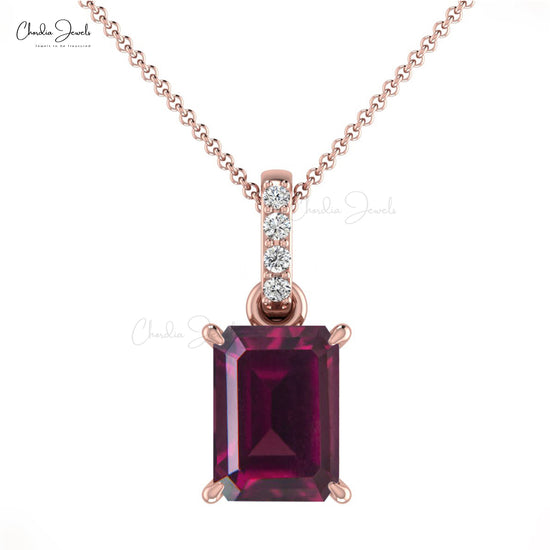 1.00 Cts Natural Rhodolite Garnet Pendant 14k Solid Gold Diamond Pendant 7X5mm Emerald Cut Gemstone Handmade Pendant For Women