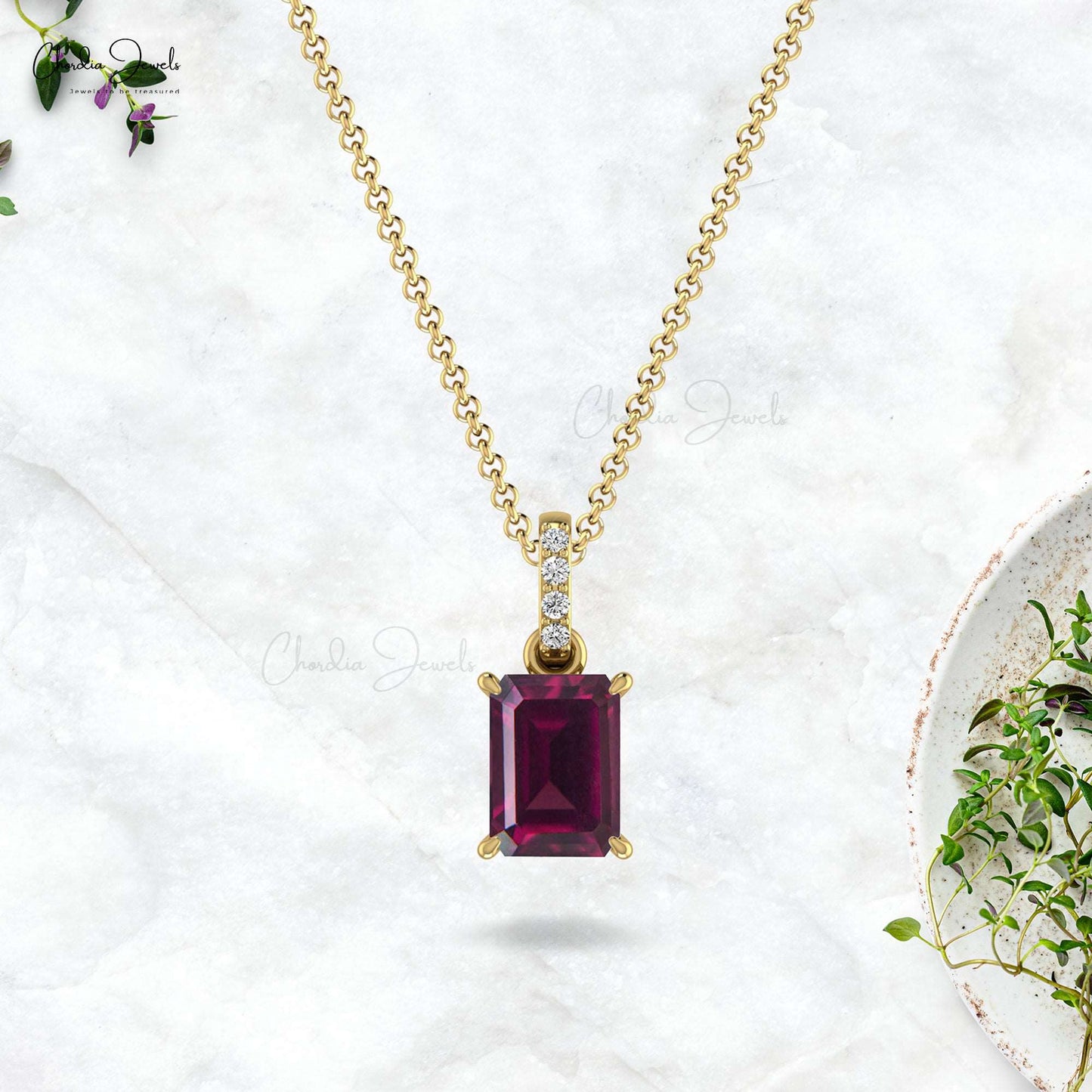 1.00 Cts Natural Rhodolite Garnet Pendant 14k Solid Gold Diamond Pendant 7X5mm Emerald Cut Gemstone Handmade Pendant For Women