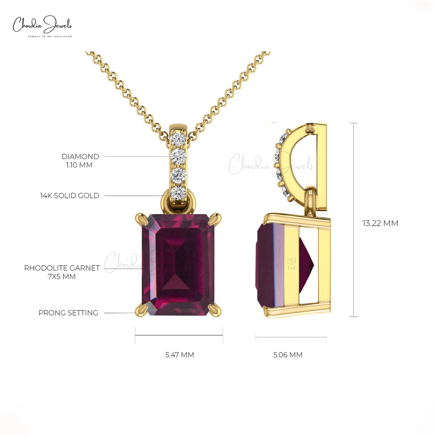 1.00 Cts Natural Rhodolite Garnet Pendant 14k Solid Gold Diamond Pendant 7X5mm Emerald Cut Gemstone Handmade Pendant For Women