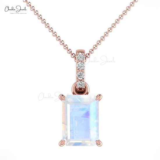 Load image into Gallery viewer, Natural Rainbow Moonstone Handmade Pendant 14k Solid Gold Diamond Pendant 0.80 Cts Emerald Cut Gemstone Dangling Pendant For Birthday Gift
