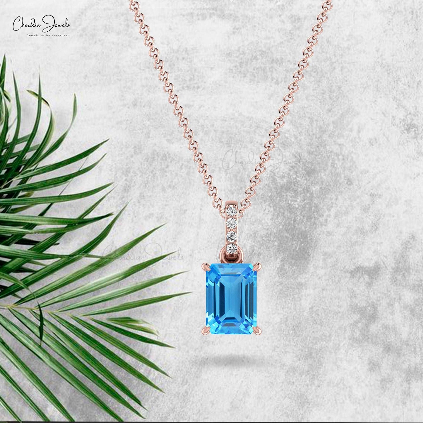 1.20 Cts Swiss Blue Topaz Pendant 14k Solid Gold Diamond Handmade Pendant 7X5mm Emerald Cut Gemstone Dangling Pendant