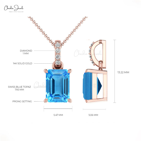 1.20 Cts Swiss Blue Topaz Pendant 14k Solid Gold Diamond Handmade Pendant 7X5mm Emerald Cut Gemstone Dangling Pendant