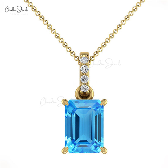 1.20 Cts Swiss Blue Topaz Pendant 14k Solid Gold Diamond Handmade Pendant 7X5mm Emerald Cut Gemstone Dangling Pendant