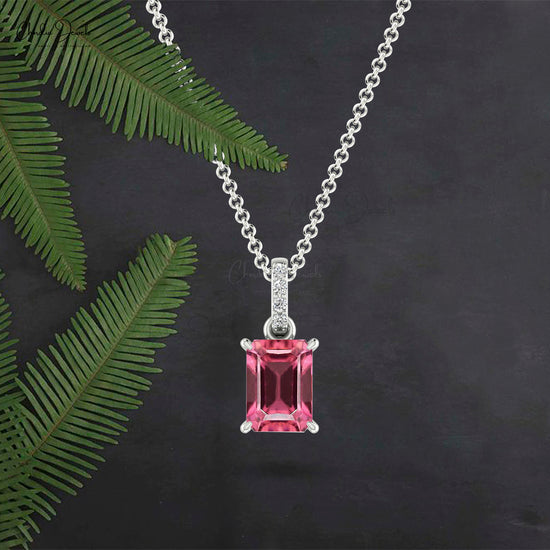 Natural Pink Tourmaline Diamond Pendant 7x5mm Octagon Emerald Cut Gemstone Dangling Pendant 14k Solid Gold Pendant For Her