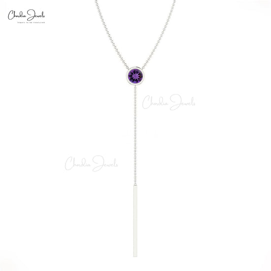 Genuine 0.15ct Amethyst Drop Chain Necklace 14k Solid Gold Bezel Set Lariat Necklace