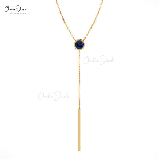 Real 14k Gold Long Y-Drop Necklace Genuine 0.23ct Blue Sapphire Lariat Chain Necklace