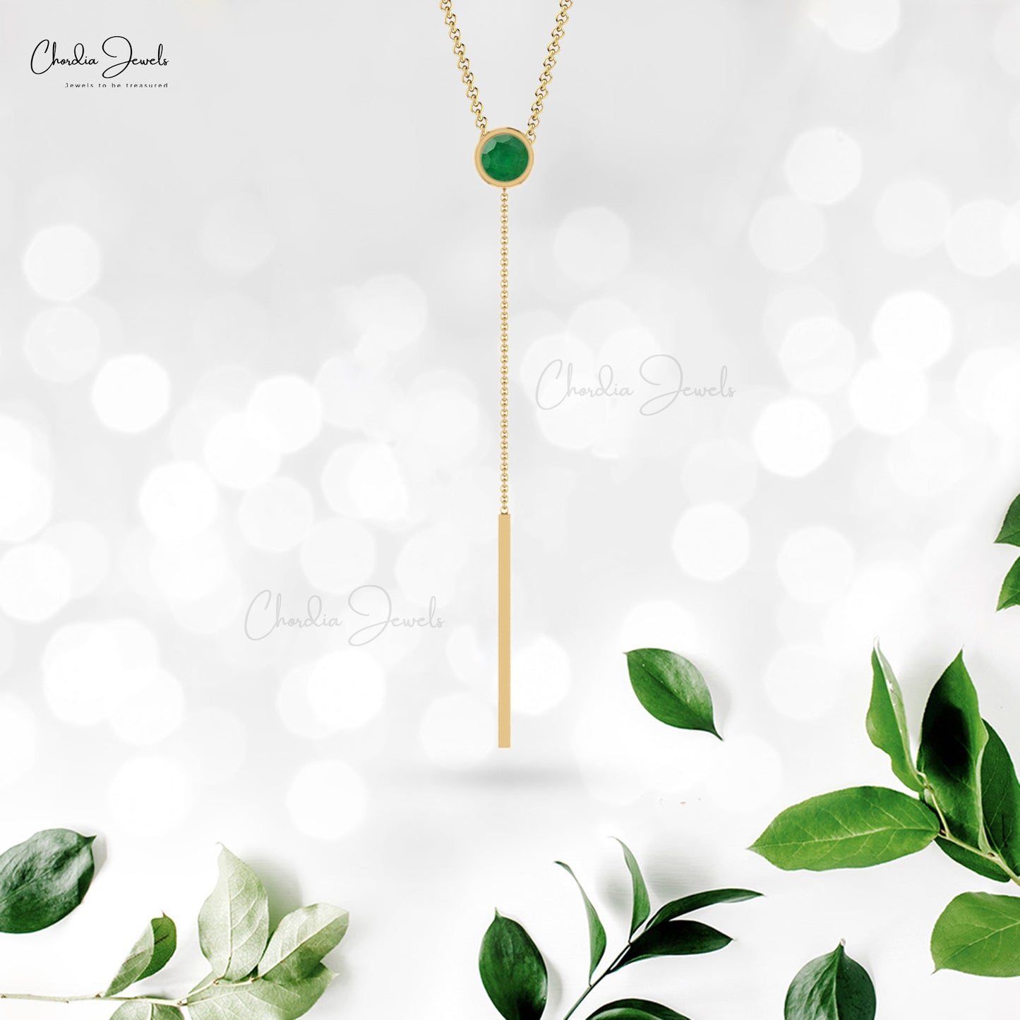 Modern and Stylish Lariat Necklace Pendant in 14 Real Gold Natural Green Emerald Studded Jewelry For Valentine's Day Gift