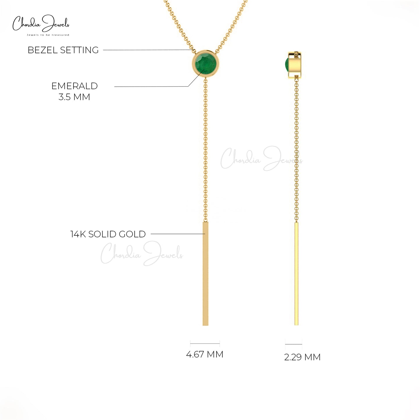 Modern and Stylish Lariat Necklace Pendant in 14 Real Gold Natural Green Emerald Studded Jewelry For Valentine's Day Gift