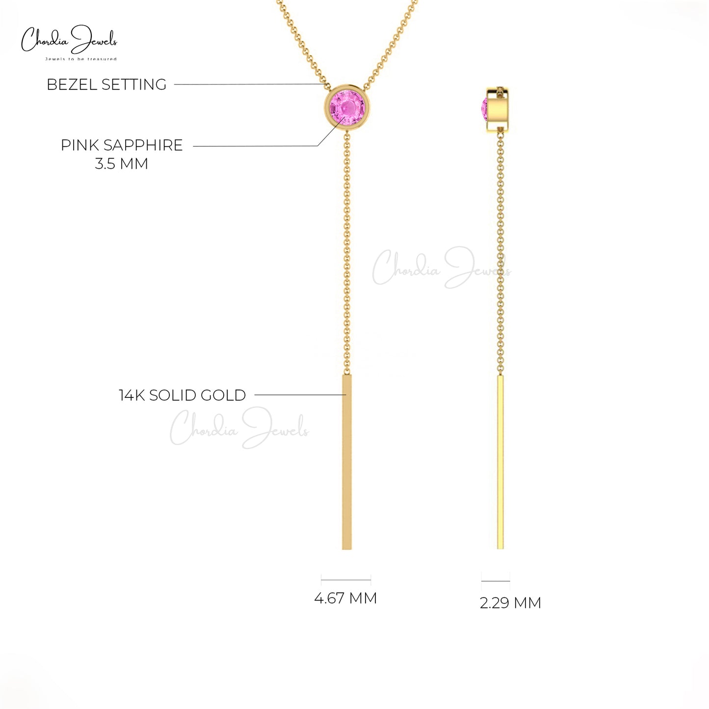 Iconic Pink Sapphire Dainty Necklace Genuine 14k Real Gold Lariat Necklace 3.5mm Round Gemstone Bezel Set Necklace For Fiance Gift