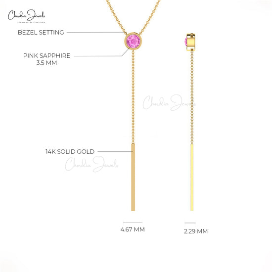 Iconic Pink Sapphire Dainty Necklace Genuine 14k Real Gold Lariat Necklace 3.5mm Round Gemstone Bezel Set Necklace For Fiance Gift