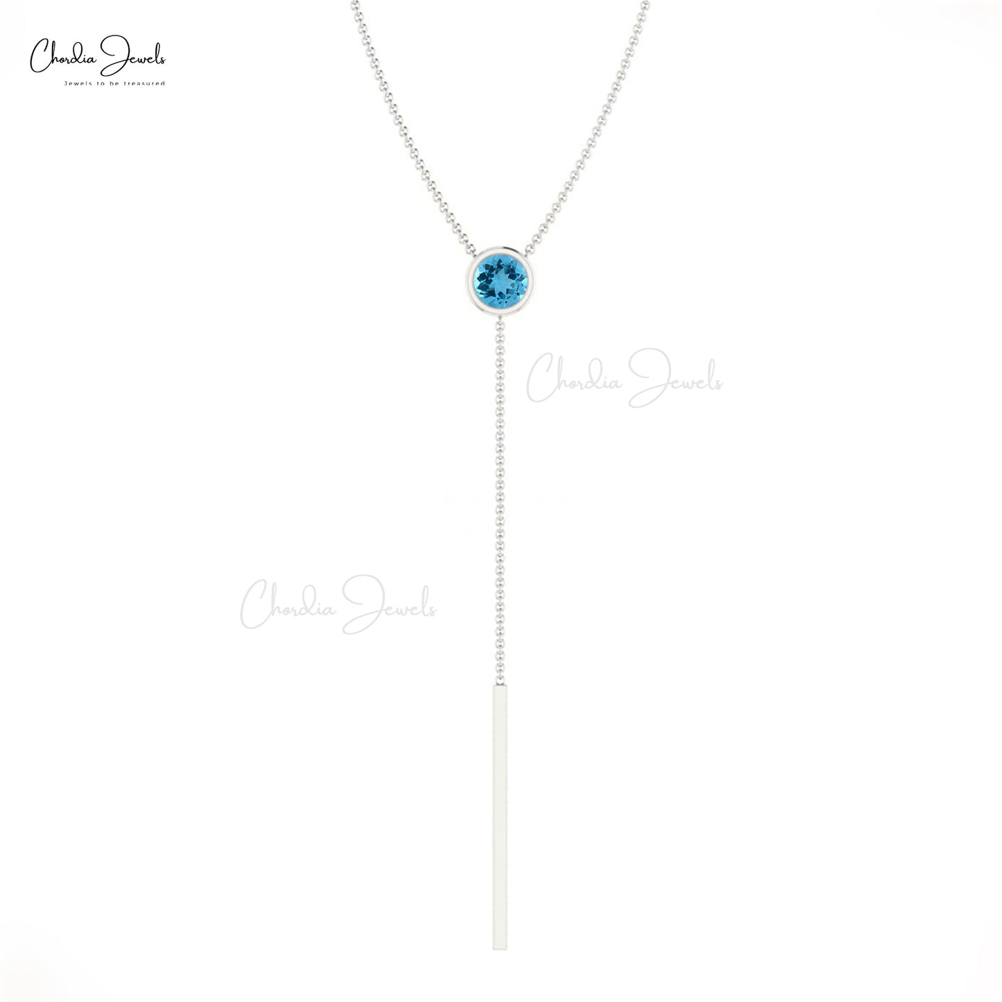 Real 14k Gold Y-Shaped Necklace With Swiss Blue Topaz Gemstone