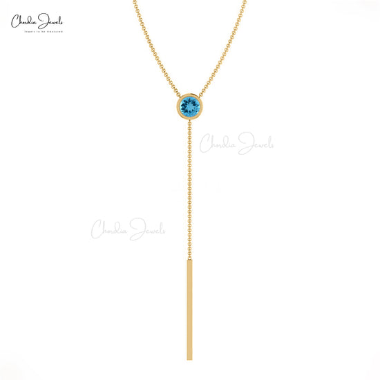 Real 14k Gold Y-Shaped Necklace With Swiss Blue Topaz Gemstone