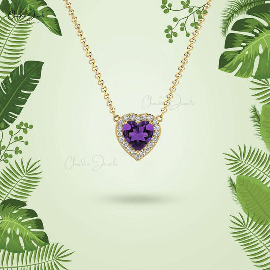 14k Solid Gold Diamond and Amethyst Necklace, February Birthstone Necklace, 5mm Heart Cut Gemstone Necklace Gift for Her