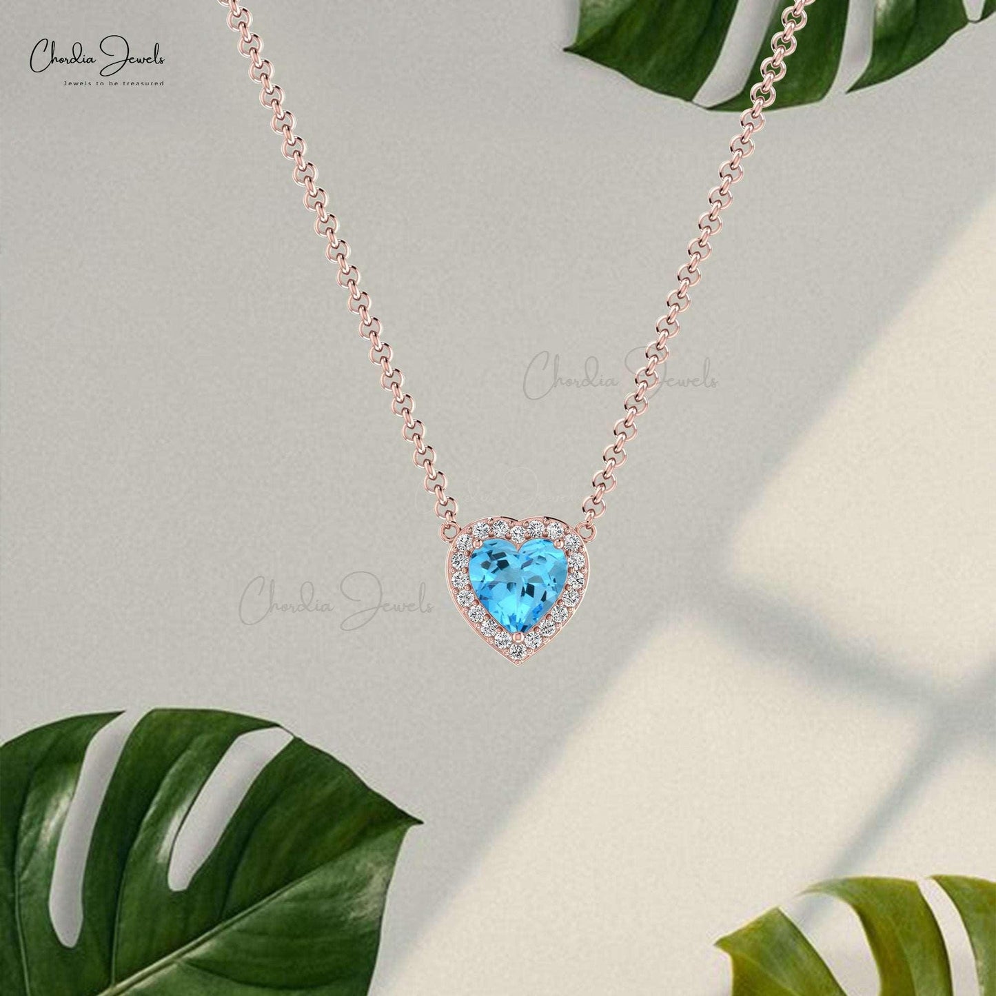 Solid 14k Gold Heart Shape Charm Necklace Natural 0.6ct Swiss Blue Topaz & Diamond Halo Necklace