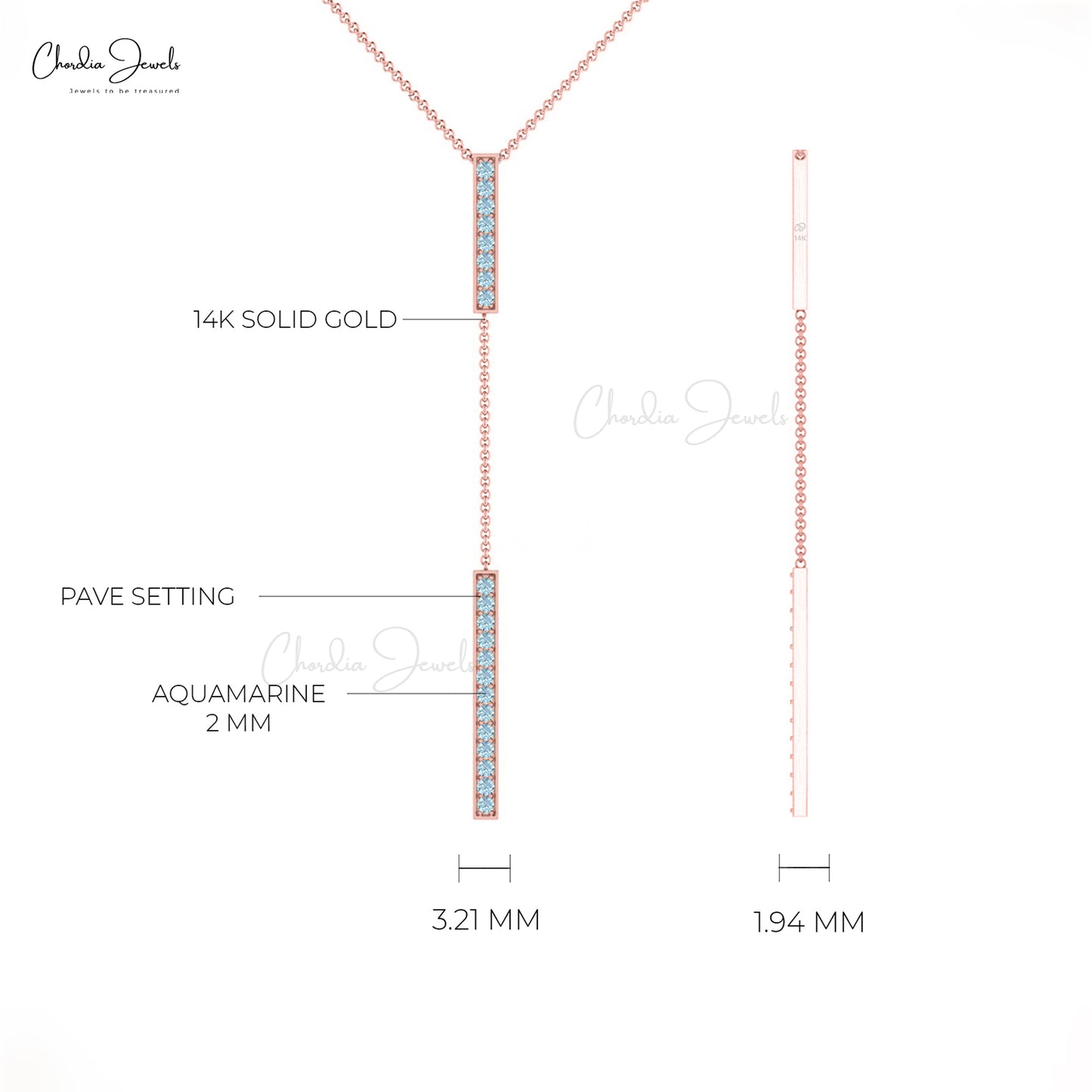 2mm Aquamarine Gemstone Lariat Drop Chain Necklace in 14k Solid Gold