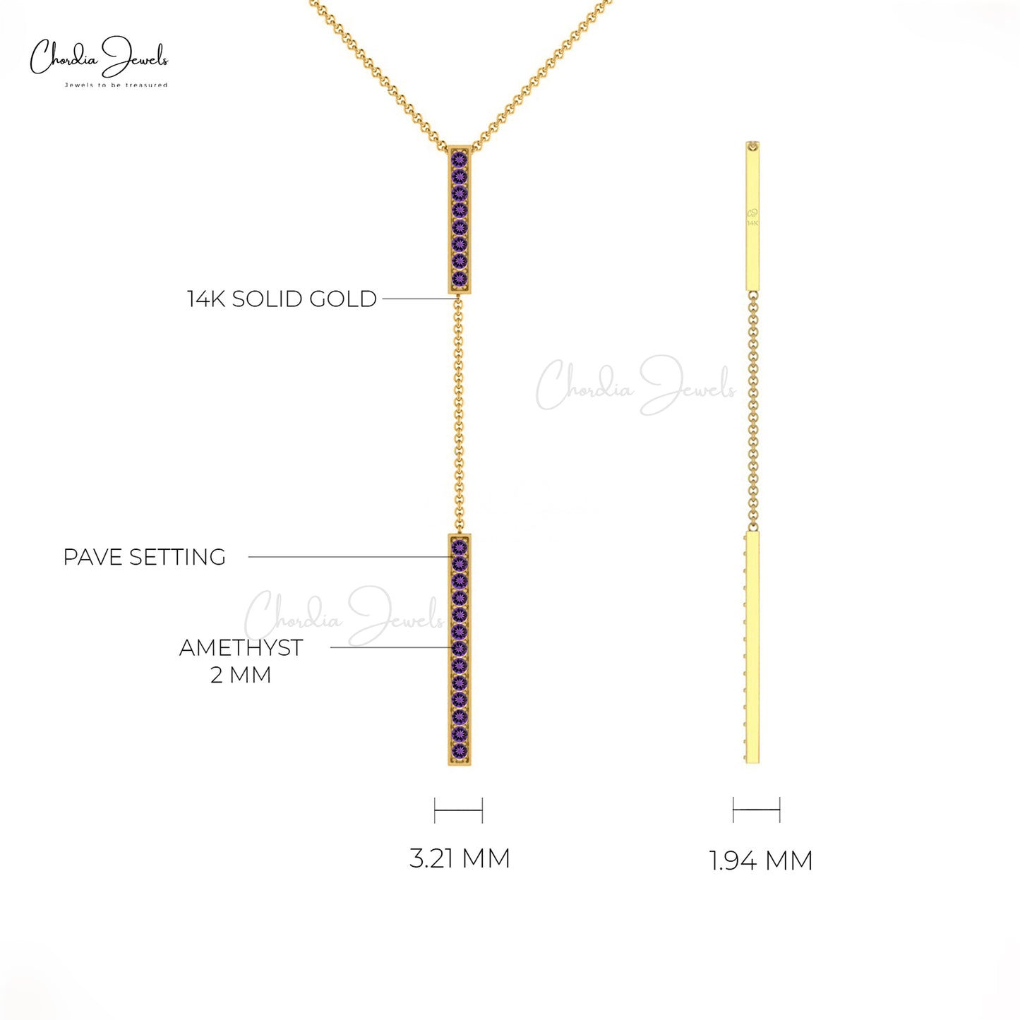 Purple Amethyst Gemstone 14k Real Gold Lariat Drop Necklace