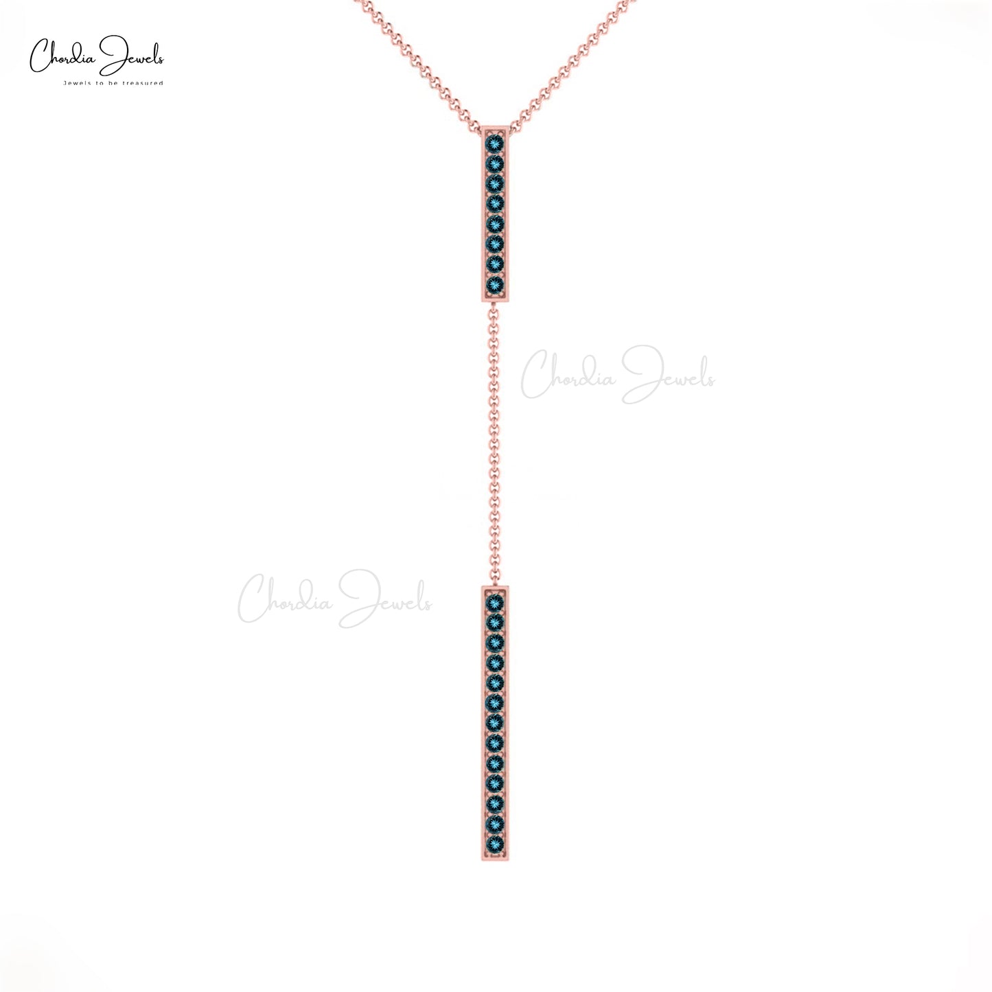 Long Drop Necklace With Natural London Blue Topaz 14K Solid Gold Lariat Bar Pendant Necklace