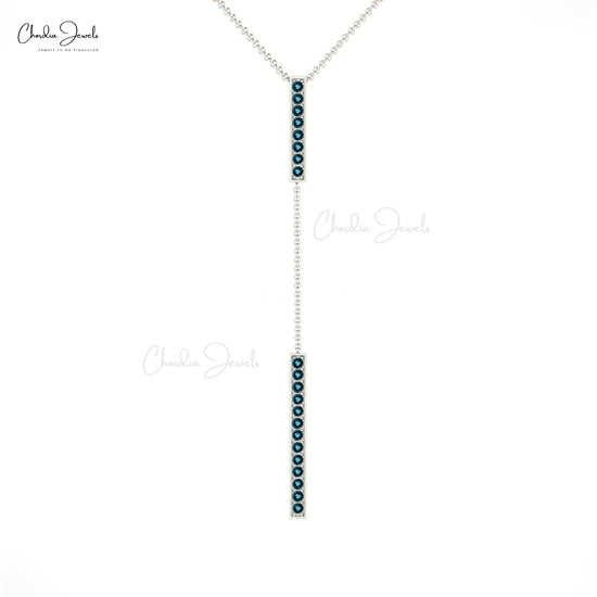 Long Drop Necklace With Natural London Blue Topaz 14K Solid Gold Lariat Bar Pendant Necklace