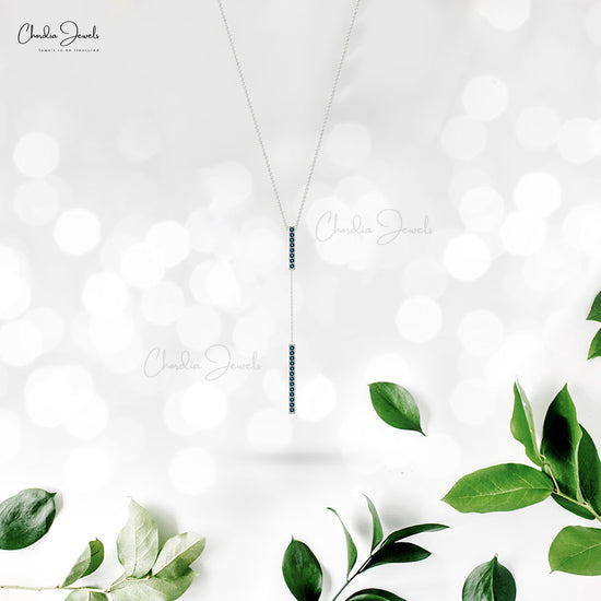 Long Drop Necklace With Natural London Blue Topaz 14K Solid Gold Lariat Bar Pendant Necklace