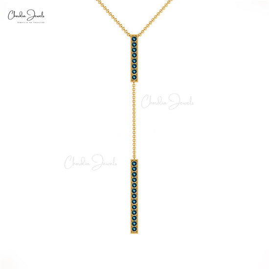 Long Drop Necklace With Natural London Blue Topaz 14K Solid Gold Lariat Bar Pendant Necklace