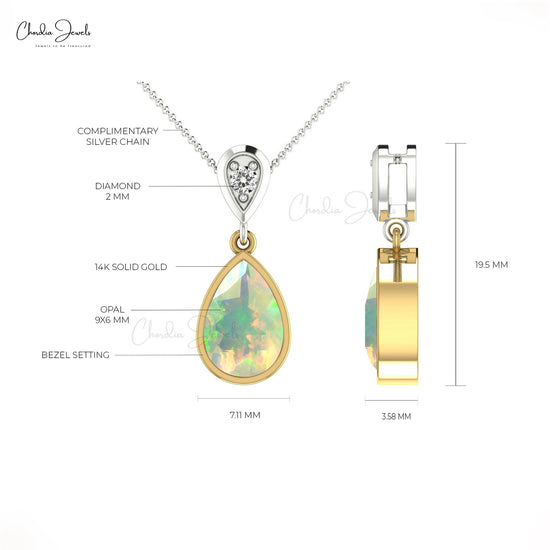 Diamond Natural Ethiopian Opal Pendant 9X6mm Pear Cut Gemstone