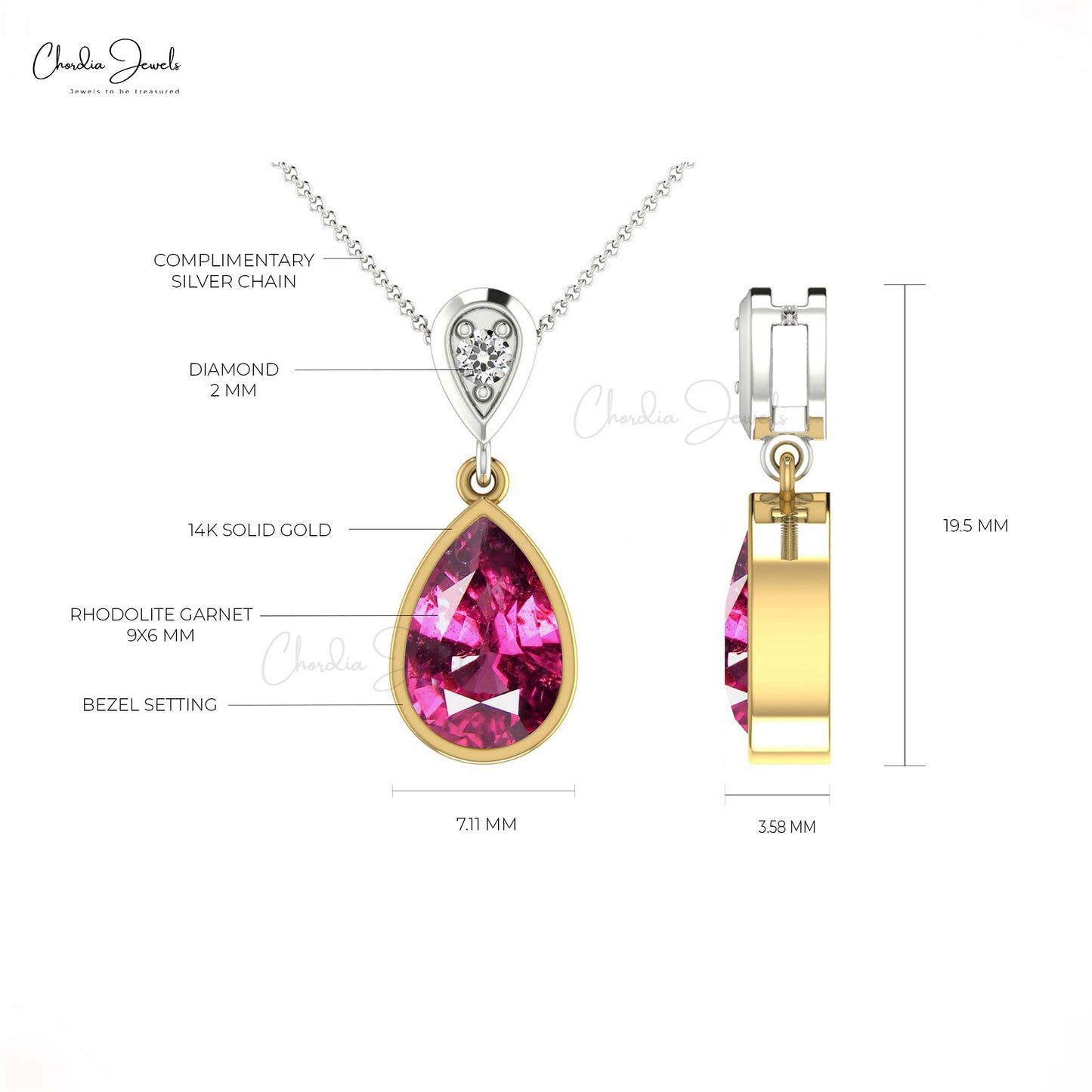 Natural Rhodolite Garnet Pendant in 14k Solid Gold