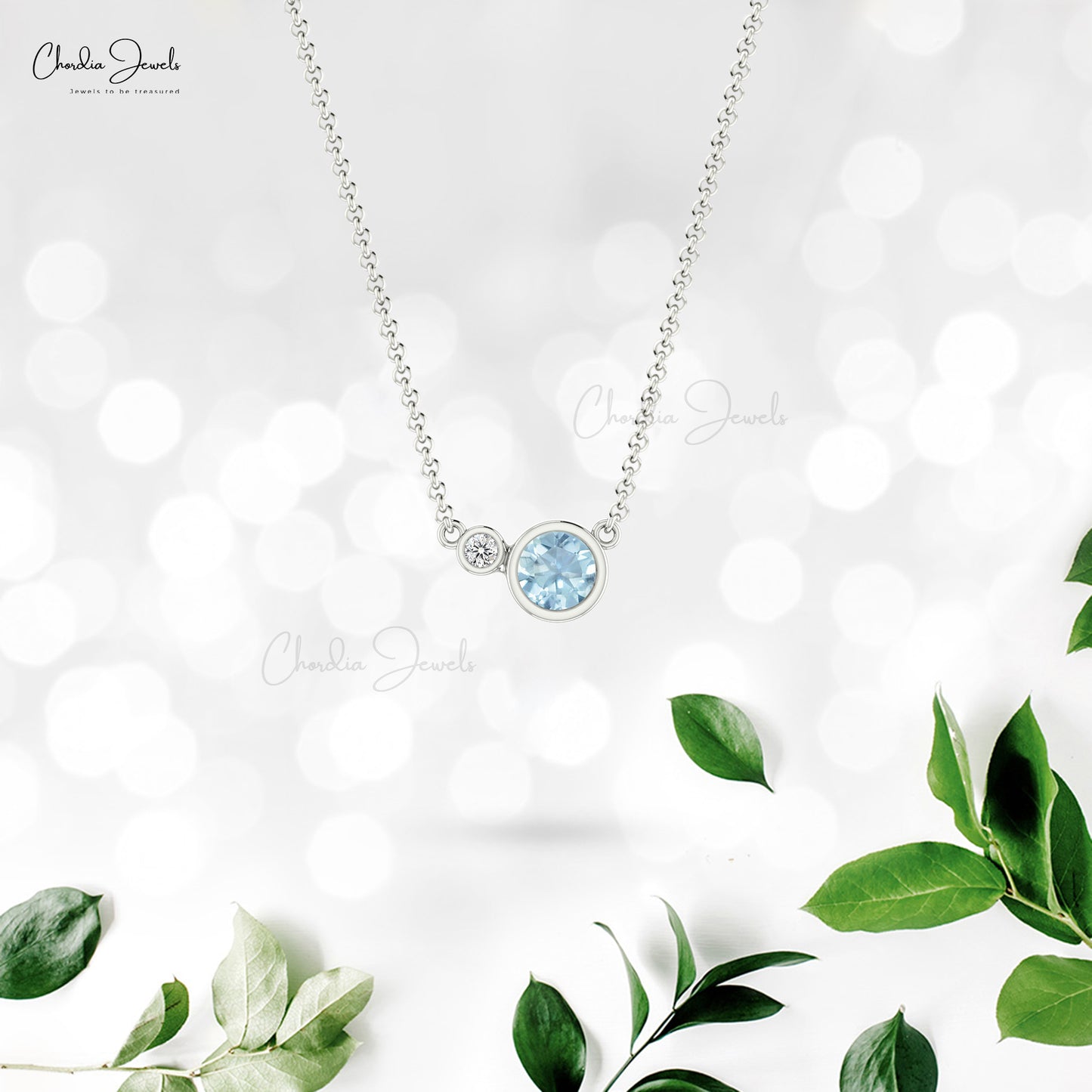 Dual Stone Bezel Set Necklace In 14k Solid White Gold Genuine Aquamarine & Diamond Necklace For Bridal 