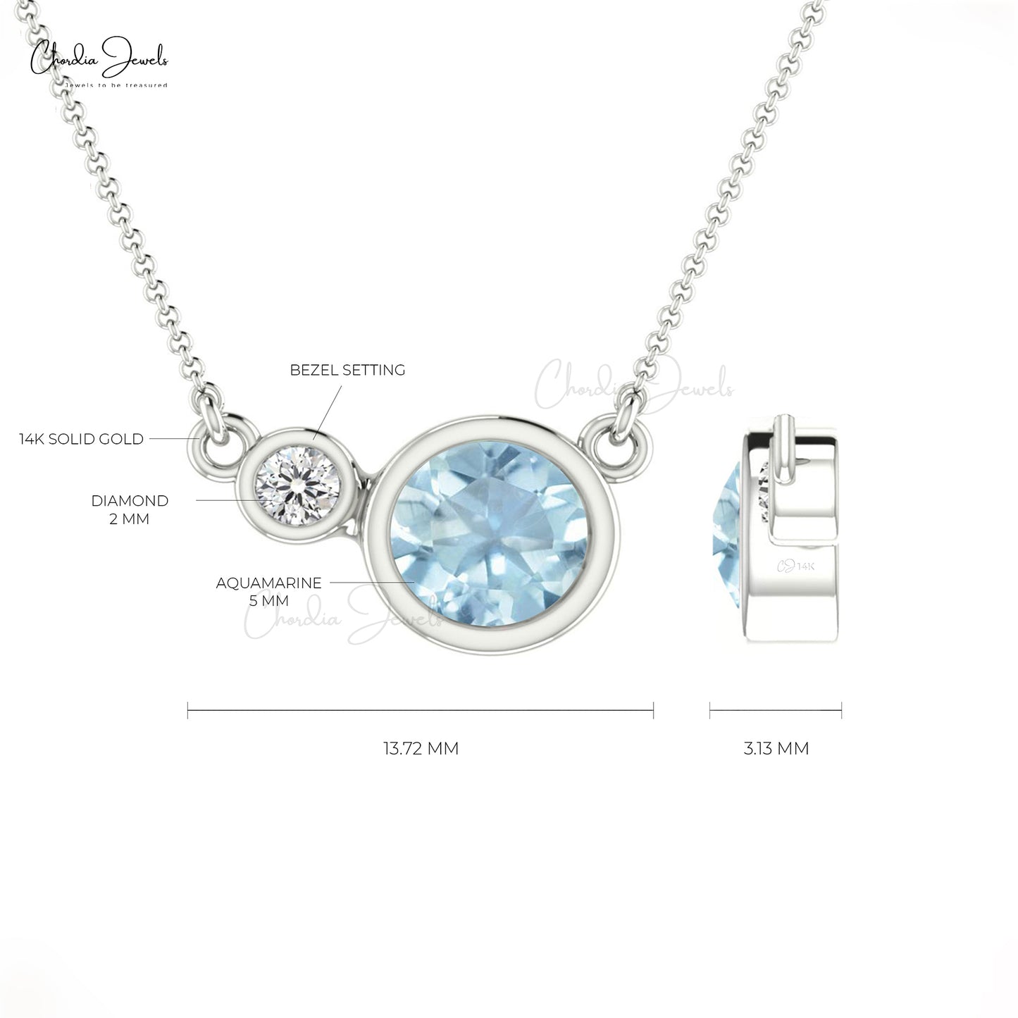 Dual Stone Bezel Set Necklace In 14k Solid White Gold Genuine Aquamarine & Diamond Necklace For Bridal 
