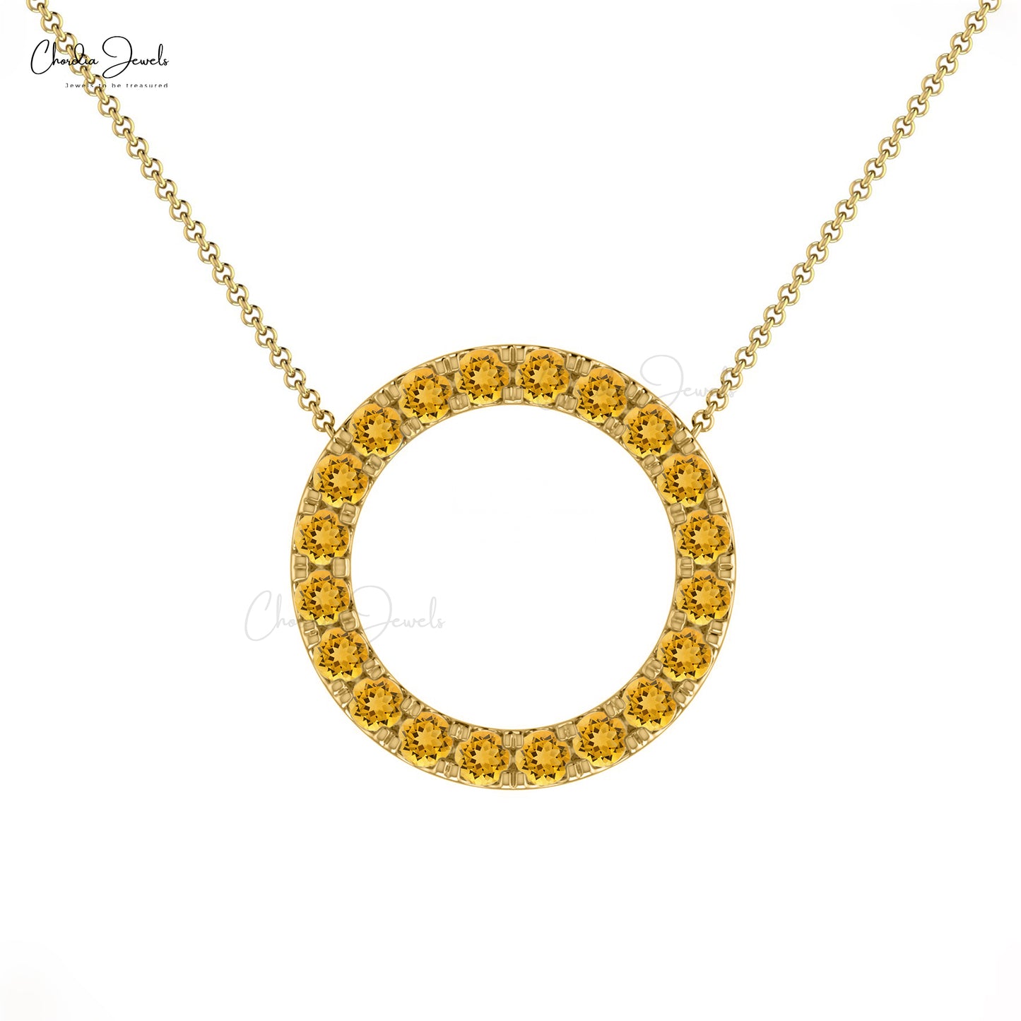 Yellow Citrine 2mm Round Cut Open Circle Necklace Pave Set Genuine Dainty Necklace 14k Real Gold Summer Jewelry For Valentine's Day