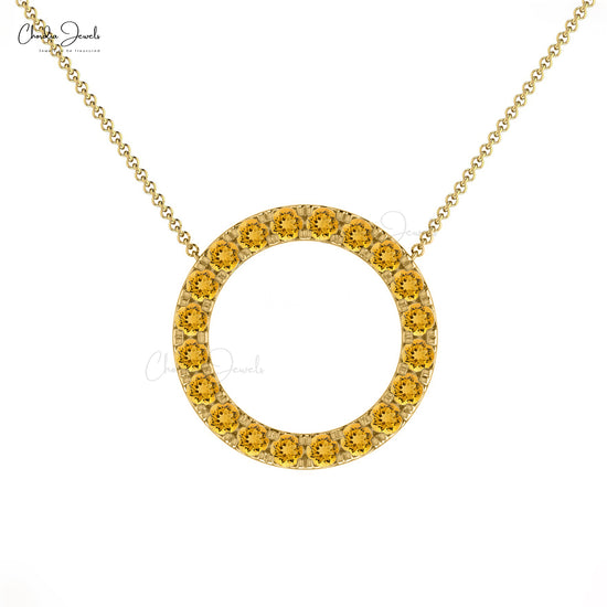 Yellow Citrine 2mm Round Cut Open Circle Necklace Pave Set Genuine Dainty Necklace 14k Real Gold Summer Jewelry For Valentine's Day