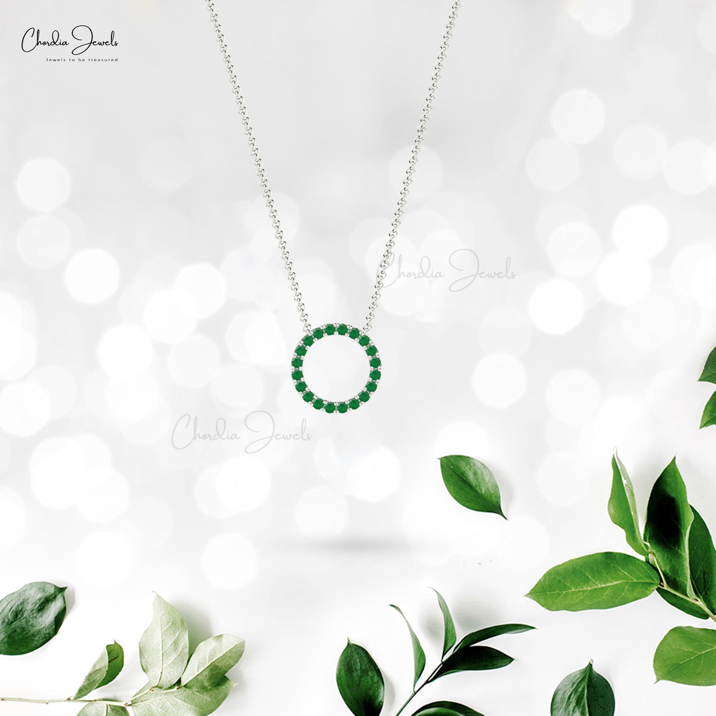 Authentic Green Emerald Circle Necklace Pendant With Spring Ring Closure Pure 14k Gold Jewelry Anniversary Gift For Wife